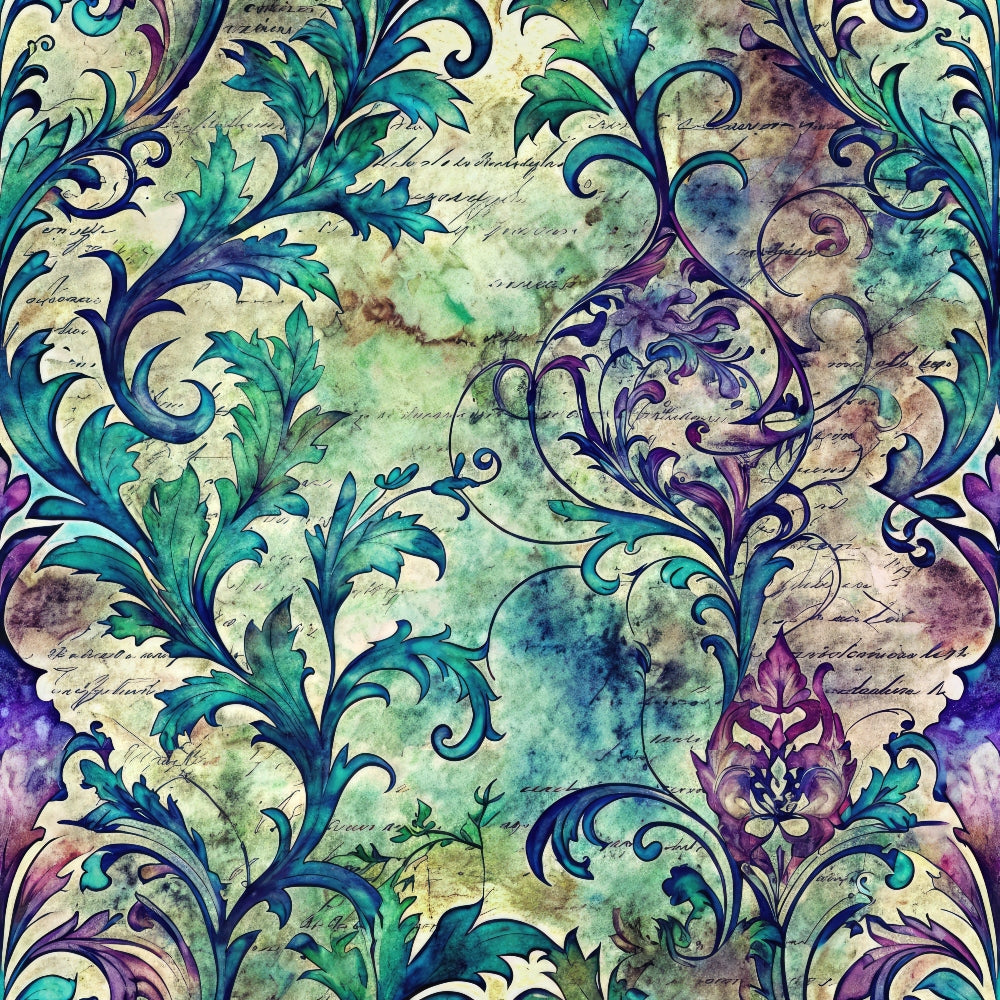 teal, purple, sage green, cream, watercolor background, ornate scrollwork, baroque flourishes, decorative swirls, vintage damask, acanthus leaves, flowing vines, elegant motifs,, fabric panel, antique styling, jewel tones, intricate details, ornamental design, botanical elements, luxurious pattern