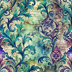 teal, purple, sage green, cream, watercolor background, ornate scrollwork, baroque flourishes, decorative swirls, vintage damask, acanthus leaves, flowing vines, elegant motifs,, fabric panel, antique styling, jewel tones, intricate details, ornamental design, botanical elements, luxurious pattern