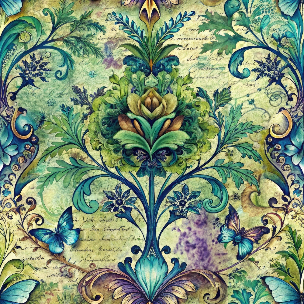 forest green, teal blue, sage green, cream background, ornate scrollwork, botanical motifs, decorative flourishes, blue butterflies, vintage style, damask pattern,, fabric panel, nature inspired, organic swirls, leaf designs, whimsical artwork, soft pastels, floral elements, cotton fabric, intricate details