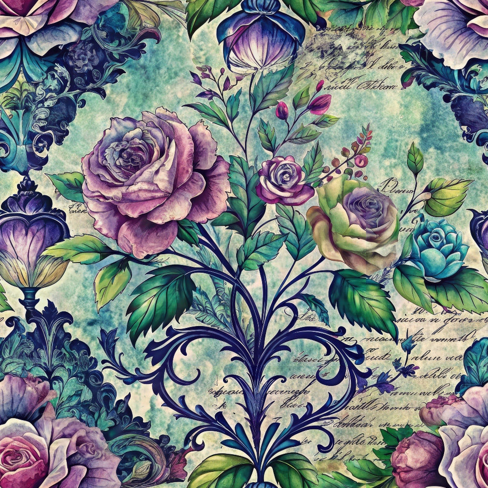 fabric panel, vintage roses, purple flowers, teal blooms, green leaves, ornate scrollwork, floral bouquet, watercolor style, botanical design, decorative flourishes, dusty rose, lavender petals, sage green, cream background, romantic florals, garden flowers, artistic blooms, cottage style, nature motifs