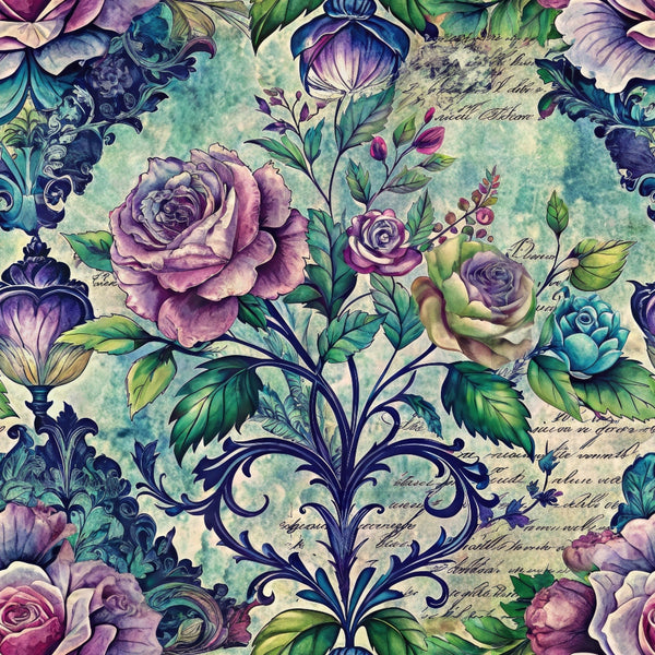 fabric panel, vintage roses, purple flowers, teal blooms, green leaves, ornate scrollwork, floral bouquet, watercolor style, botanical design, decorative flourishes, dusty rose, lavender petals, sage green, cream background, romantic florals, garden flowers, artistic blooms, cottage style, nature motifs