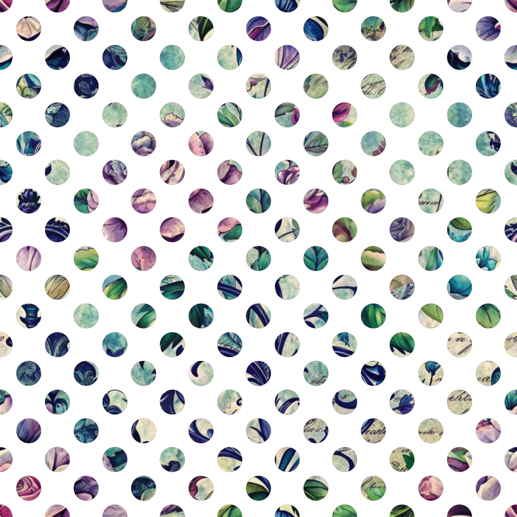 polka dots, circular pattern, green, teal, purple, navy blue, cream, beige, botanical motifs, leaf patterns, nature inspired, abstract circles,, fabric panel, forest theme, organic shapes, muted colors, geometric design, repeating pattern, crafting material