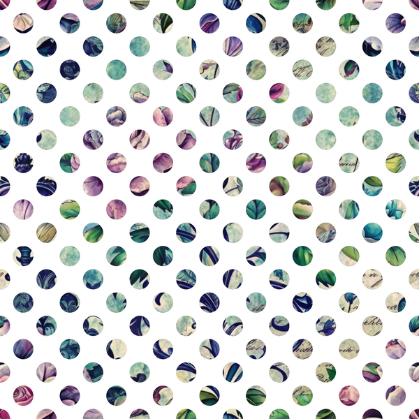 polka dots, circular pattern, green, teal, purple, navy blue, cream, beige, botanical motifs, leaf patterns, nature inspired, abstract circles,, fabric panel, forest theme, organic shapes, muted colors, geometric design, repeating pattern, crafting material