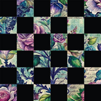 purple roses, teal foliage, vintage florals, ornate scrollwork, decorative leaves, lavender petals, emerald green, botanical motifs, elegant patterns,, fabric panel, romantic style, floral design, jewel tones, ornamental flourishes, vintage aesthetic, nature elements, detailed artwork