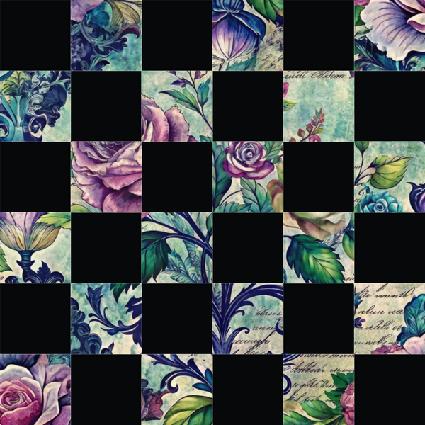 purple roses, teal foliage, vintage florals, ornate scrollwork, decorative leaves, lavender petals, emerald green, botanical motifs, elegant patterns,, fabric panel, romantic style, floral design, jewel tones, ornamental flourishes, vintage aesthetic, nature elements, detailed artwork