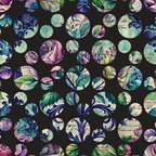 circular motifs, floral patterns, botanical elements, purple roses, teal leaves, vintage style, polka dot arrangement,, fabric panel, nature inspired, green foliage, lavender blooms, decorative circles, cottage core, romantic florals, mixed media look, soft pastels, garden theme