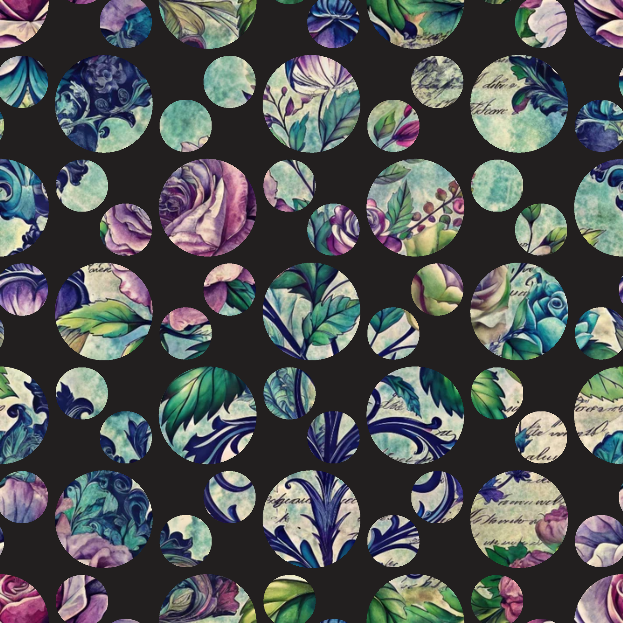 circular motifs, floral patterns, botanical elements, purple roses, teal leaves, vintage style, polka dot arrangement,, fabric panel, nature inspired, green foliage, lavender blooms, decorative circles, cottage core, romantic florals, mixed media look, soft pastels, garden theme
