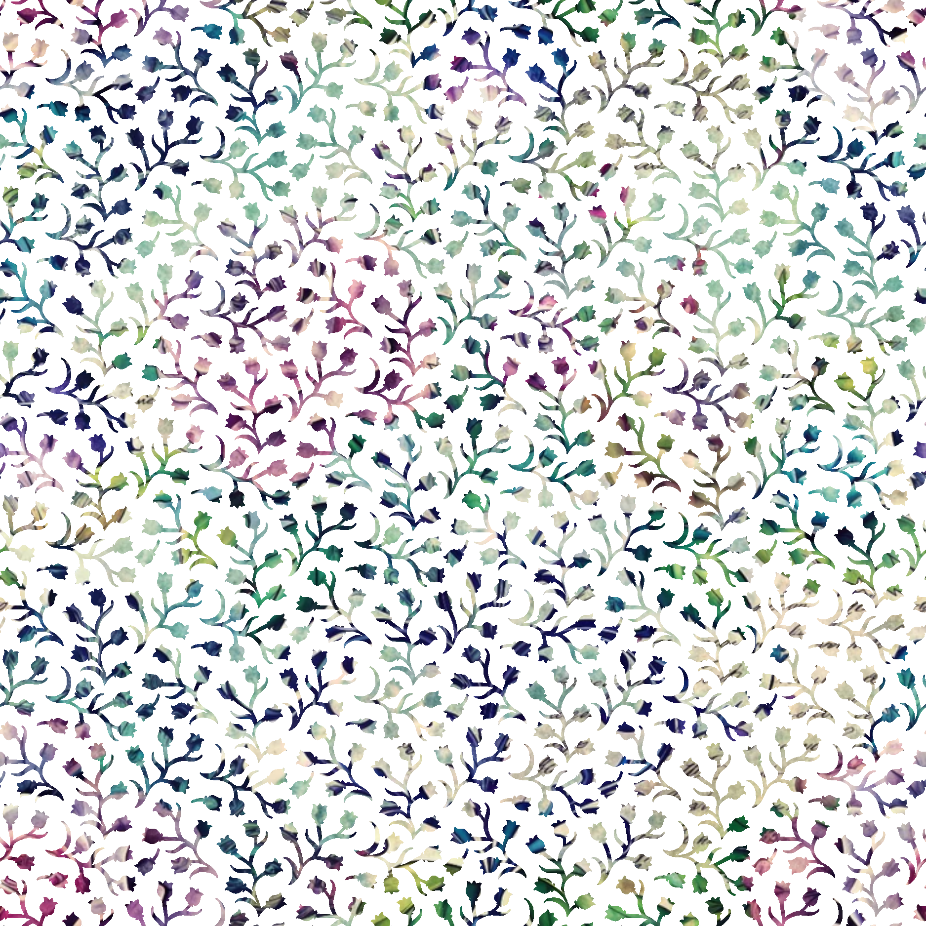 floral pattern, botanical design, vine motifs, leafy branches, navy blue, teal green, purple, sage green, mauve pink, cream background, watercolor style, delicate florals, small scale print,, fabric panel, nature inspired, organic shapes, soft pastels, repeating pattern, feminine aesthetic