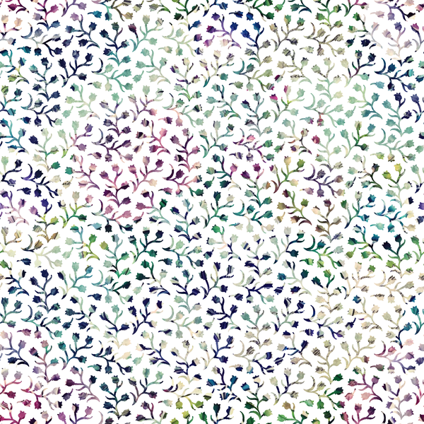 floral pattern, botanical design, vine motifs, leafy branches, navy blue, teal green, purple, sage green, mauve pink, cream background, watercolor style, delicate florals, small scale print,, fabric panel, nature inspired, organic shapes, soft pastels, repeating pattern, feminine aesthetic