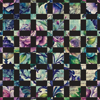 floral motifs, purple roses, blue flowers, teal green, lavender, sage green, botanical illustrations, vintage style, checkerboard pattern,, fabric panel, watercolor effect, leaves and stems, romantic florals, soft pastels, nature inspired, pieced blocks, crafting material, feminine design, garden flowers