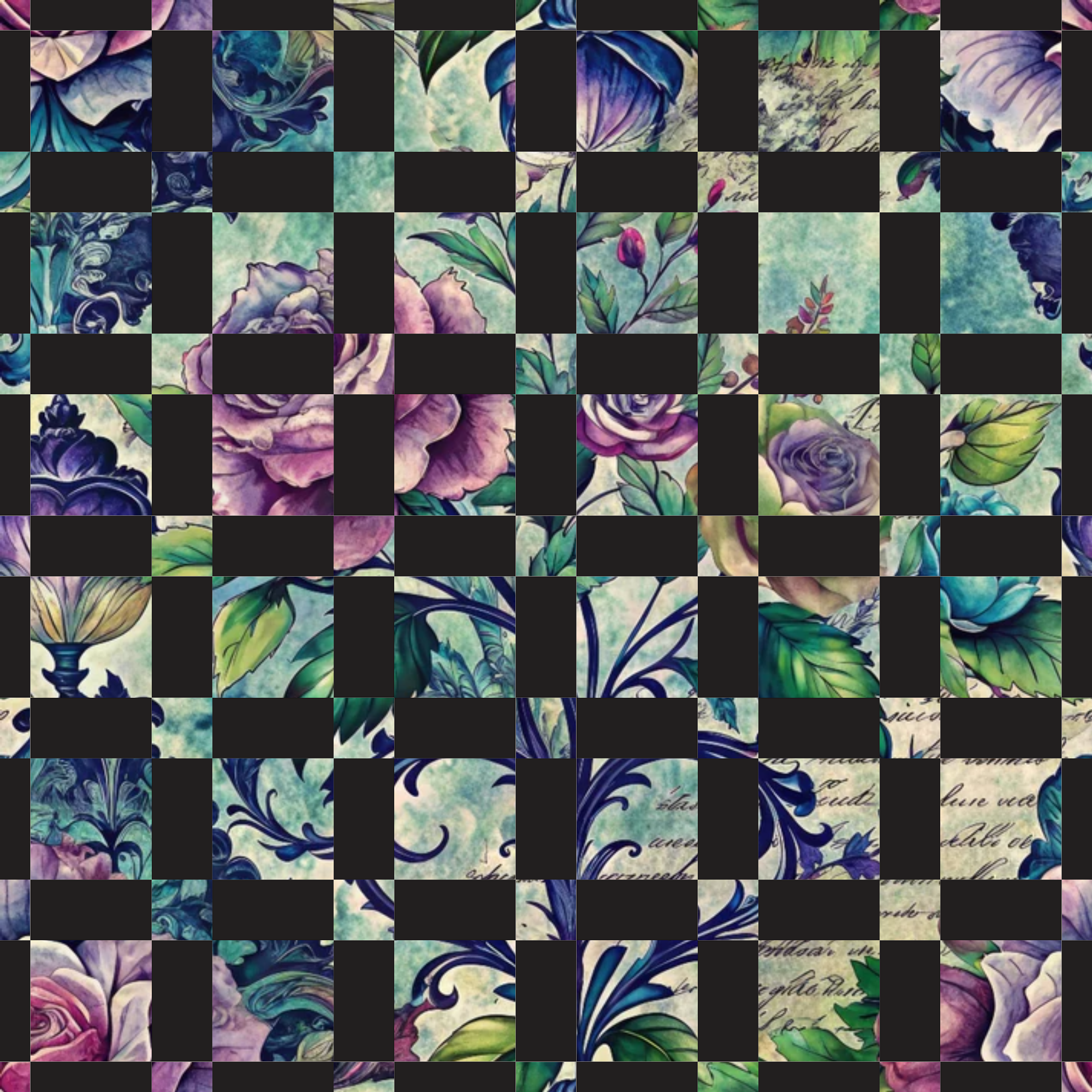floral motifs, purple roses, blue flowers, teal green, lavender, sage green, botanical illustrations, vintage style, checkerboard pattern,, fabric panel, watercolor effect, leaves and stems, romantic florals, soft pastels, nature inspired, pieced blocks, crafting material, feminine design, garden flowers