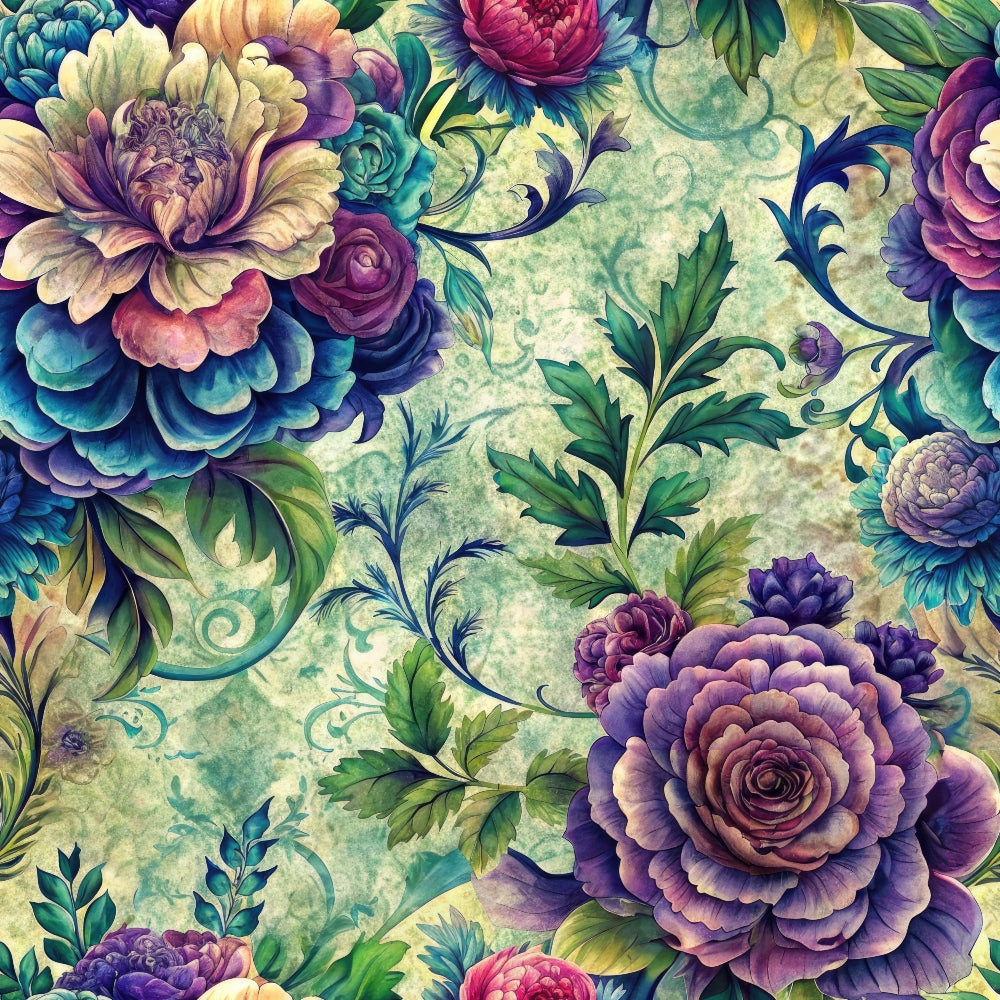 fabric panel, floral pattern, purple flowers, teal blooms, green leaves, ornate roses, decorative scrollwork, botanical design, vintage style, jewel tones, emerald green, deep purple, magenta accents, layered petals, ornamental foliage, rich colors, detailed florals, nature motifs, elegant pattern