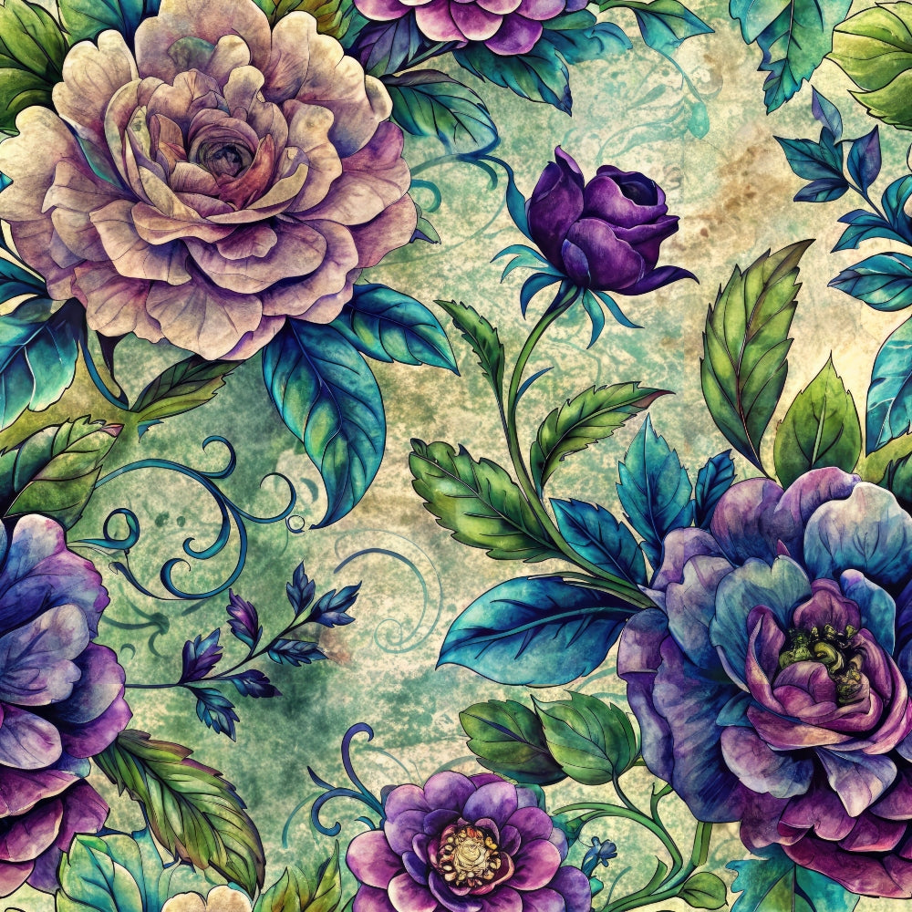 purple flowers, lavender blooms, teal leaves, emerald foliage, vintage roses, peonies, floral pattern, botanical design, watercolor style, cottage garden,, fabric panel, nature motif, romantic florals, sage green, dusty purple, antique finish, seamless repeat, garden blooms, artistic rendering