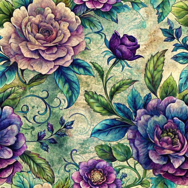 purple flowers, lavender blooms, teal leaves, emerald foliage, vintage roses, peonies, floral pattern, botanical design, watercolor style, cottage garden,, fabric panel, nature motif, romantic florals, sage green, dusty purple, antique finish, seamless repeat, garden blooms, artistic rendering