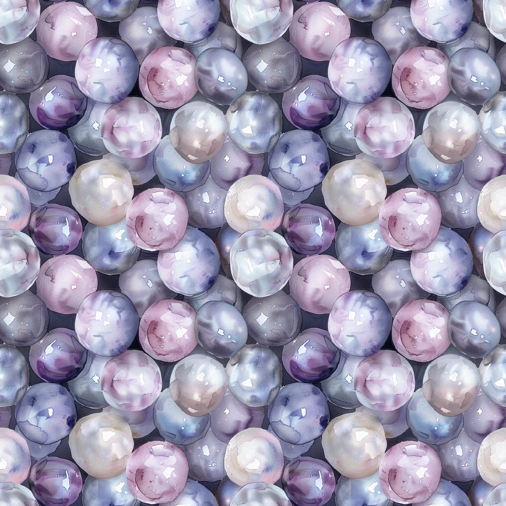 pearl pattern, spherical design, purple hues, lavender tones, blue shades, pink accents, gray tones, iridescent effect, lustrous finish, organic shapes, repeating motif, watercolor style,, fabric panel, seamless pattern, gemstone inspired, circular elements, soft pastels, reflective surfaces, nature inspired