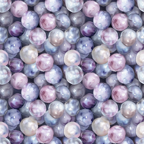 pearl pattern, spherical design, purple hues, lavender tones, blue shades, pink accents, gray tones, iridescent effect, lustrous finish, organic shapes, repeating motif, watercolor style,, fabric panel, seamless pattern, gemstone inspired, circular elements, soft pastels, reflective surfaces, nature inspired
