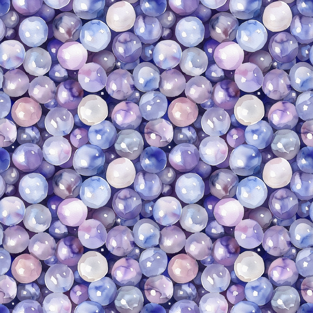 purple, lavender, blue, pink, white, pearls, circular pattern, geometric design, watercolor style, iridescent, lustrous, repeating motif,, fabric panel, ocean inspired, jewelry themed, soft pastels, seamless pattern, crafting material, sewing fabric