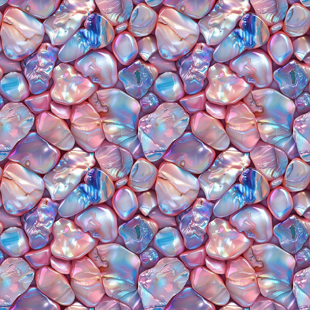 iridescent pearls, lustrous surface, pink hues, blue tones, purple shades, opalescent finish, nacre pattern, pearl clusters, shimmery texture, organic shapes, natural formations,, fabric panel, seamless repeat, oceanic theme, luxurious appearance, smooth stones, translucent quality, pastel palette, mother of pearl