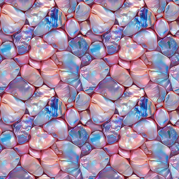 iridescent pearls, lustrous surface, pink hues, blue tones, purple shades, opalescent finish, nacre pattern, pearl clusters, shimmery texture, organic shapes, natural formations,, fabric panel, seamless repeat, oceanic theme, luxurious appearance, smooth stones, translucent quality, pastel palette, mother of pearl