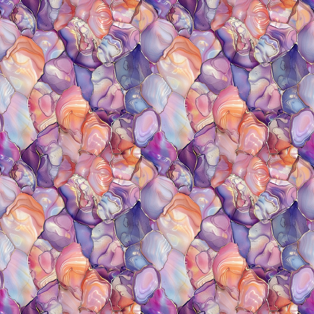 freshwater pearls, iridescent stones, purple hues, lavender tones, coral pink, peachy orange, gemstone pattern, lustrous finish, pearlescent surface, seamless repeat, organic shapes, irregular stones,, fabric panel, shimmery texture, translucent effect, mineral inspired, nature motif, mosaic arrangement, jewel tones