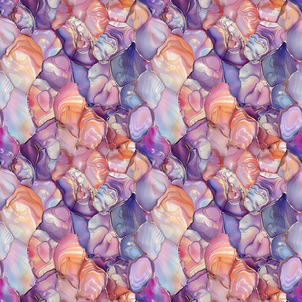 freshwater pearls, iridescent stones, purple hues, lavender tones, coral pink, peachy orange, gemstone pattern, lustrous finish, pearlescent surface, seamless repeat, organic shapes, irregular stones,, fabric panel, shimmery texture, translucent effect, mineral inspired, nature motif, mosaic arrangement, jewel tones