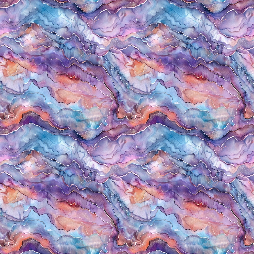freshwater pearls, iridescent pattern, purple hues, blue tones, pink shades, coral accents, wavy lines, flowing design, abstract swirls, marbled texture,, fabric panel, lustrous finish, organic shapes, fluid motion, dreamy atmosphere, soft pastels, undulating waves, pearlescent effect, seamless repeat