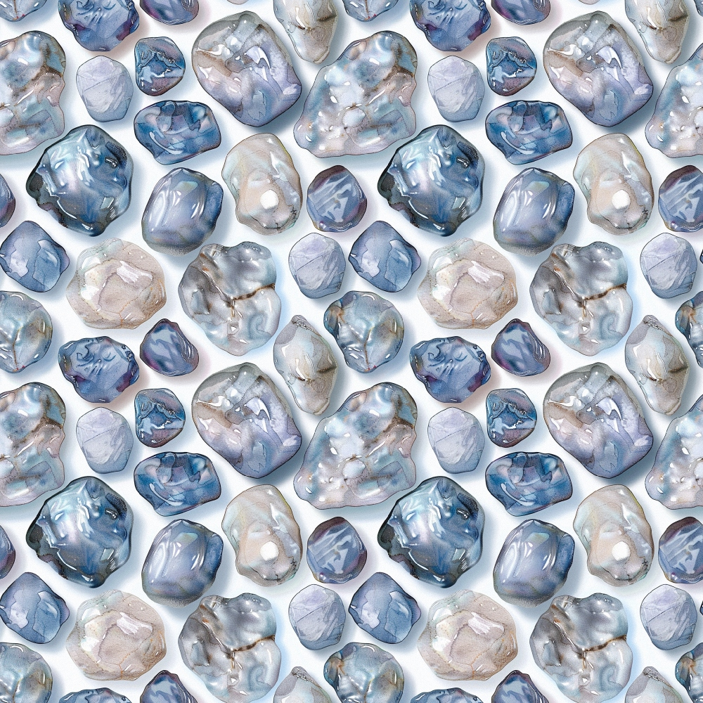 freshwater pearls, blue tones, gray shades, iridescent surfaces, pearl pattern, organic shapes, natural gemstones, lustrous finish, repeating motif,, fabric panel, ocean inspired, coastal theme, smooth textures, polished stones, nautical elements, aquatic colors, seamless design, crafting material