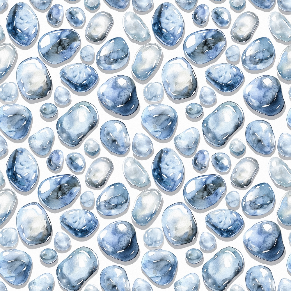 freshwater pearls, blue gemstones, light blue, navy blue, watercolor style, organic shapes, oval stones, round stones, scattered pattern,, fabric panel, translucent effect, mineral pattern, natural stones, peaceful mood, soft texture, repeating motif, jewelry inspired, aquatic theme