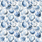 freshwater pearls, blue gemstones, light blue, navy blue, watercolor style, organic shapes, oval stones, round stones, scattered pattern,, fabric panel, translucent effect, mineral pattern, natural stones, peaceful mood, soft texture, repeating motif, jewelry inspired, aquatic theme