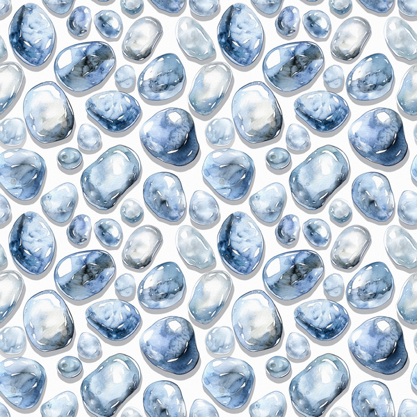 freshwater pearls, blue gemstones, light blue, navy blue, watercolor style, organic shapes, oval stones, round stones, scattered pattern,, fabric panel, translucent effect, mineral pattern, natural stones, peaceful mood, soft texture, repeating motif, jewelry inspired, aquatic theme