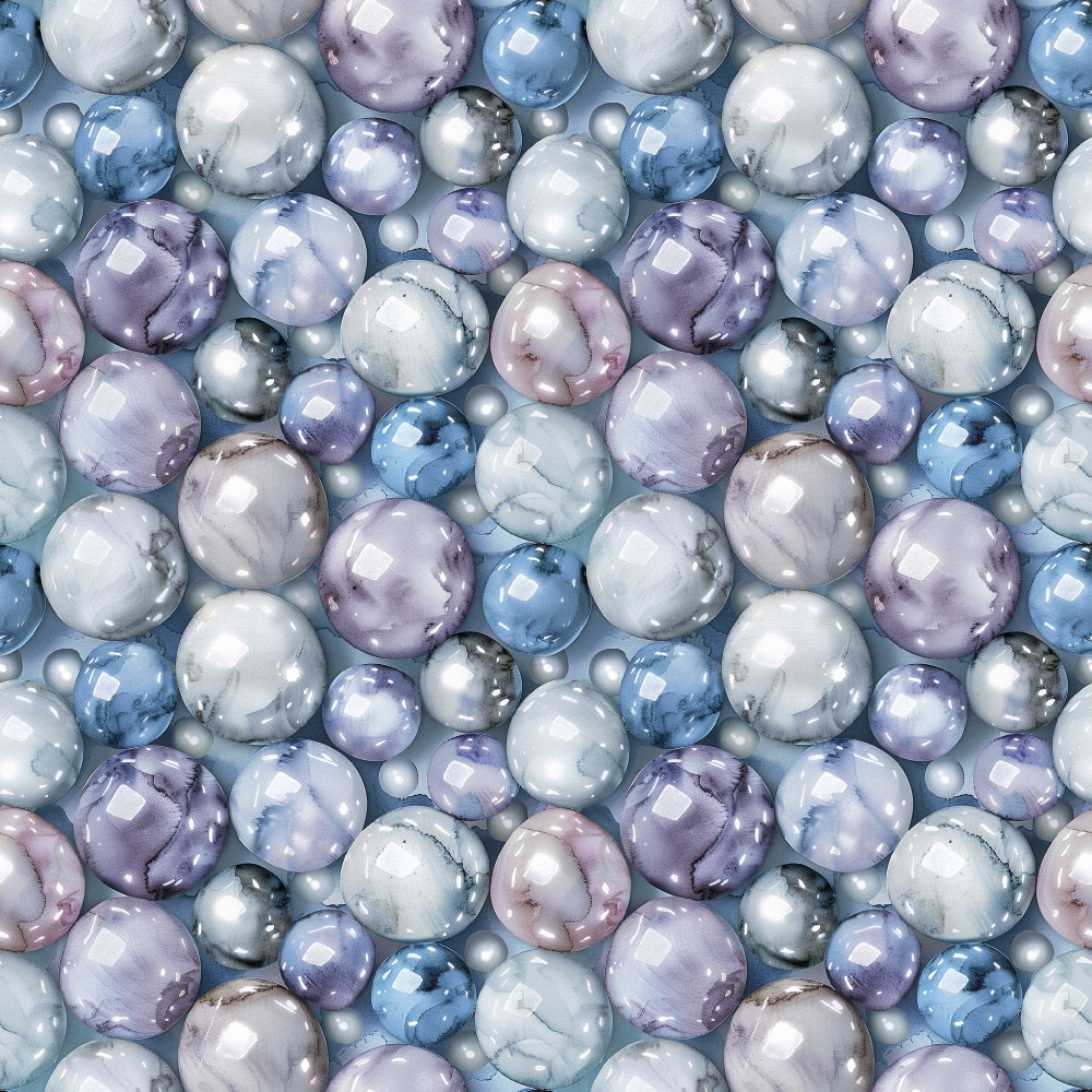 pearl pattern, spherical design, lustrous finish, blue tones, purple hues, gray shades, white pearls, iridescent surface, bubble motif, seamless repeat,, fabric panel, shimmery effect, translucent orbs, marble texture, cool palette, geometric circles, glossy appearance, ocean inspired, jewelry motif