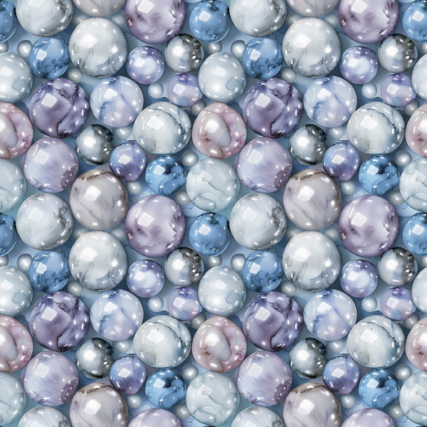 pearl pattern, spherical design, lustrous finish, blue tones, purple hues, gray shades, white pearls, iridescent surface, bubble motif, seamless repeat,, fabric panel, shimmery effect, translucent orbs, marble texture, cool palette, geometric circles, glossy appearance, ocean inspired, jewelry motif