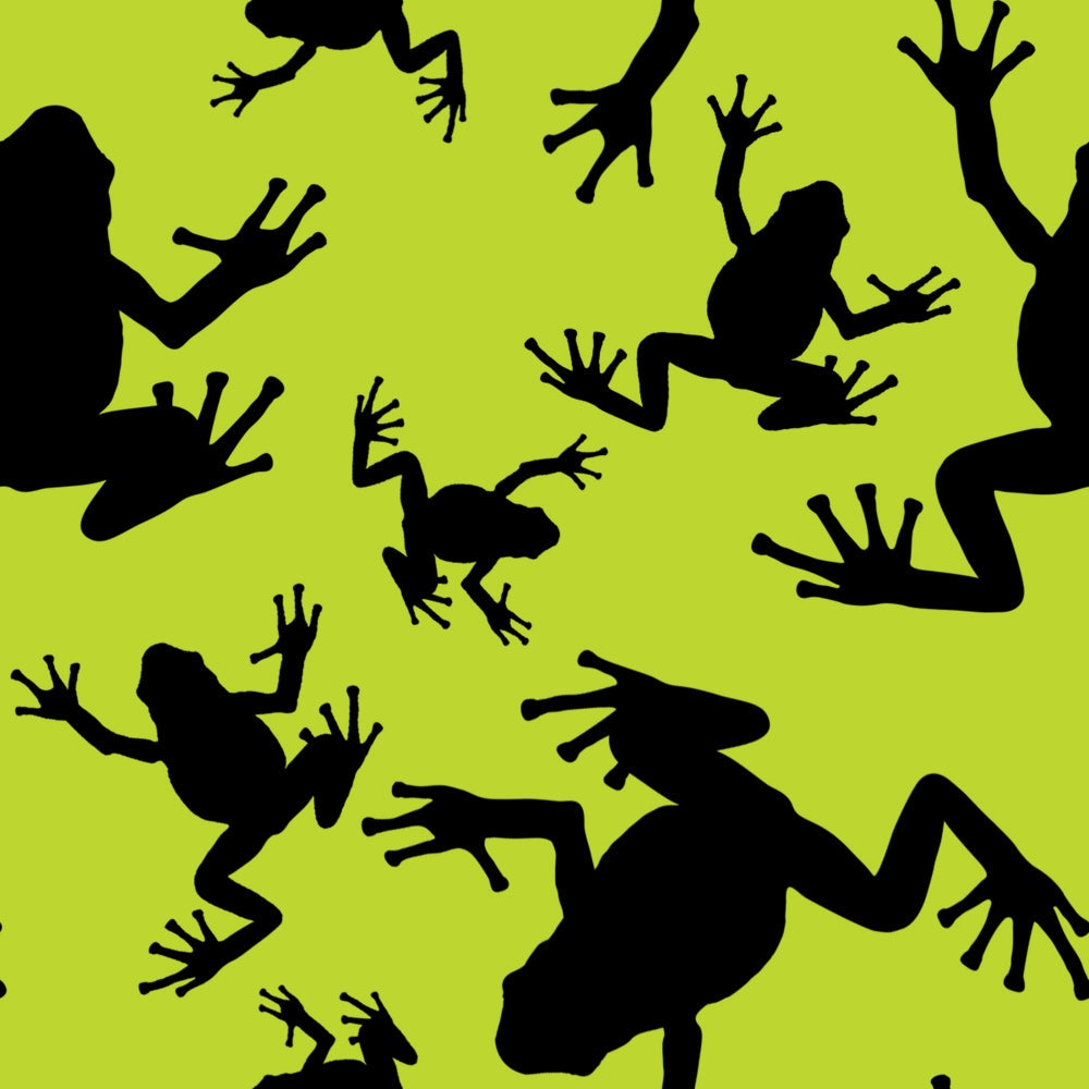 lime green, chartreuse, black silhouettes, frogs, amphibians, jumping frogs, scattered pattern, nature motif,, fabric panel, silhouette art, pond life, spring theme, wildlife design, animal print, repetitive pattern, contrast colors, crafting fabric