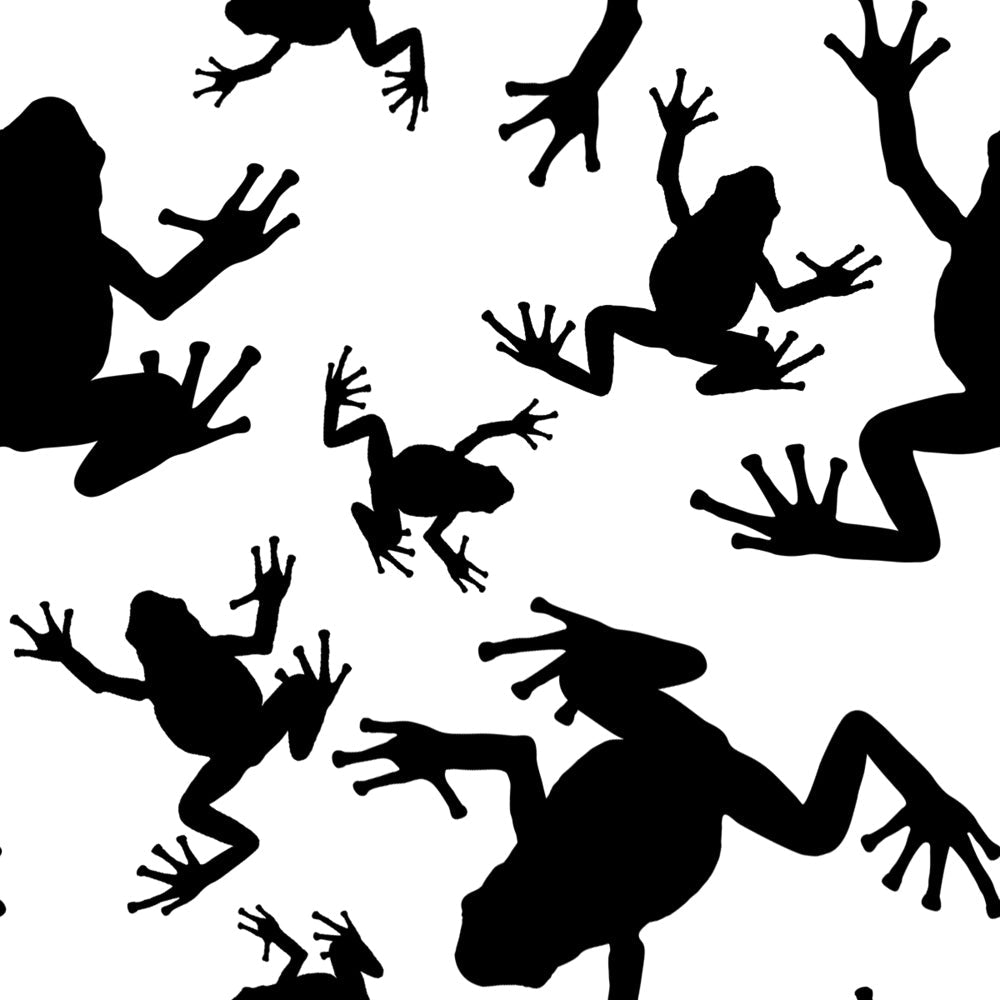 black, white, frog silhouettes, amphibians, nature motifs, scattered pattern, monochrome design,, fabric panel, jumping frogs, pond animals, modern graphics, wildlife theme, contrasting colors, animal shapes, repeating motifs, craft fabric, sewing material, botanical creatures