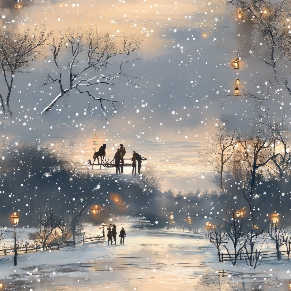 winter scene, snowy landscape, frozen pond, ice skating, bare trees, street lamps, golden glow, twilight sky, snowflakes, silhouettes, people figures, dog, peaceful evening, warm lighting, cool blues, soft grays, amber tones,, fabric panel, winter wonderland, serene atmosphere