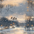 winter scene, snowy landscape, frozen pond, ice skating, bare trees, street lamps, golden glow, twilight sky, snowflakes, silhouettes, people figures, dog, peaceful evening, warm lighting, cool blues, soft grays, amber tones,, fabric panel, winter wonderland, serene atmosphere