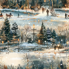 winter scene, snowy landscape, evergreen trees, street lamps, horse-drawn sleigh, cross-country skiing, falling snow, warm golden lights, twilight sky, park setting, people figures, bare trees, snowflakes, cozy atmosphere,, fabric panel, winter wonderland, outdoor activities, evening glow, frosty pattern
