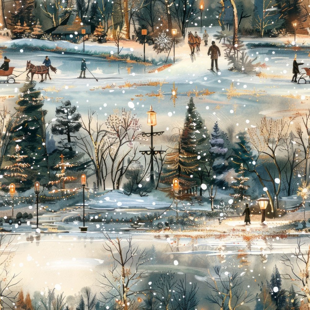 winter scene, snowy landscape, evergreen trees, street lamps, horse-drawn sleigh, cross-country skiing, falling snow, warm golden lights, twilight sky, park setting, people figures, bare trees, snowflakes, cozy atmosphere,, fabric panel, winter wonderland, outdoor activities, evening glow, frosty pattern