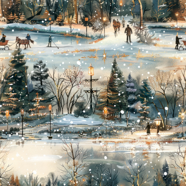 winter scene, snowy landscape, evergreen trees, street lamps, horse-drawn sleigh, cross-country skiing, falling snow, warm golden lights, twilight sky, park setting, people figures, bare trees, snowflakes, cozy atmosphere,, fabric panel, winter wonderland, outdoor activities, evening glow, frosty pattern