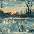 winter scene, snow falling, frozen pond, ice skating, horse riders, bare trees, twilight sky, peachy sunset, blue tones, white snowflakes, village houses, lantern light, silhouettes, serene landscape,, fabric panel, winter wonderland, evening atmosphere, peaceful mood, snowy ground