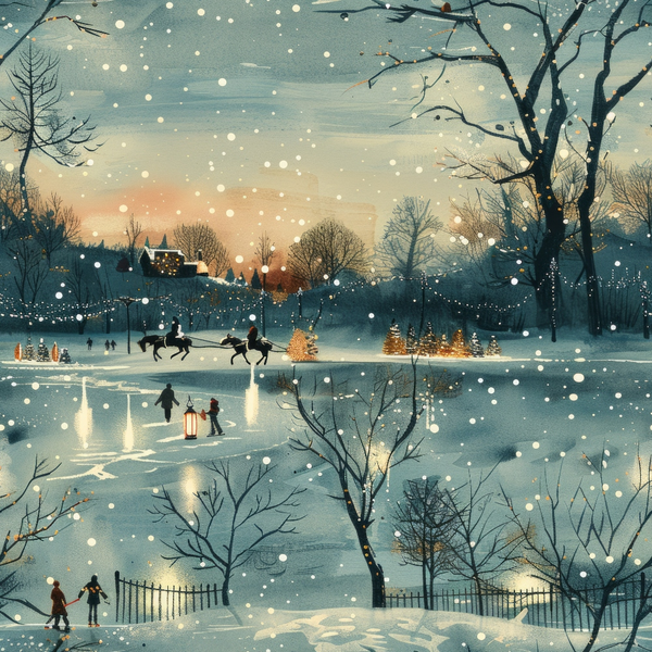 winter scene, snow falling, frozen pond, ice skating, horse riders, bare trees, twilight sky, peachy sunset, blue tones, white snowflakes, village houses, lantern light, silhouettes, serene landscape,, fabric panel, winter wonderland, evening atmosphere, peaceful mood, snowy ground