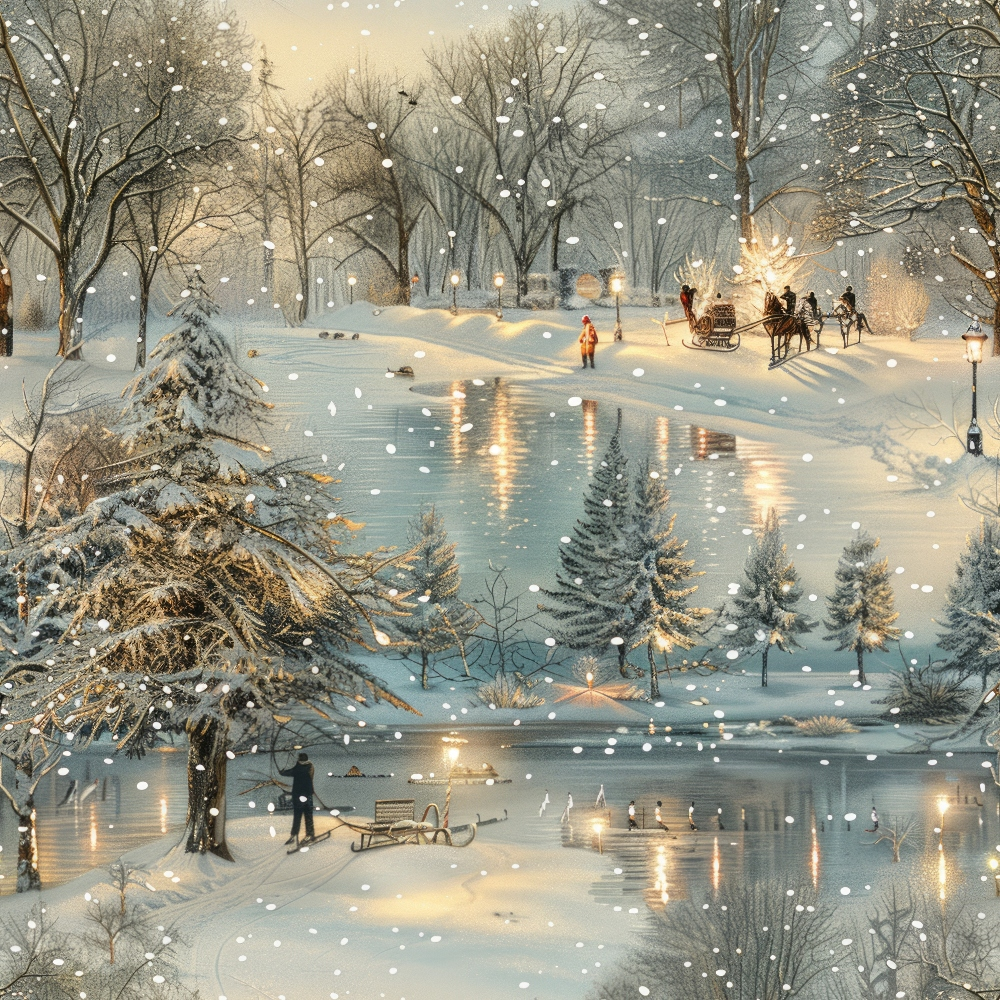 winter scene, snowy landscape, frozen pond, bare trees, evergreen trees, horse-drawn sleigh, falling snow, warm golden lights, twilight sky, ice skating, park benches, lamp posts, peaceful atmosphere,, fabric panel, cream colors, soft blues, golden yellow, vintage illustration, serene mood