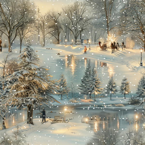 winter scene, snowy landscape, frozen pond, bare trees, evergreen trees, horse-drawn sleigh, falling snow, warm golden lights, twilight sky, ice skating, park benches, lamp posts, peaceful atmosphere,, fabric panel, cream colors, soft blues, golden yellow, vintage illustration, serene mood