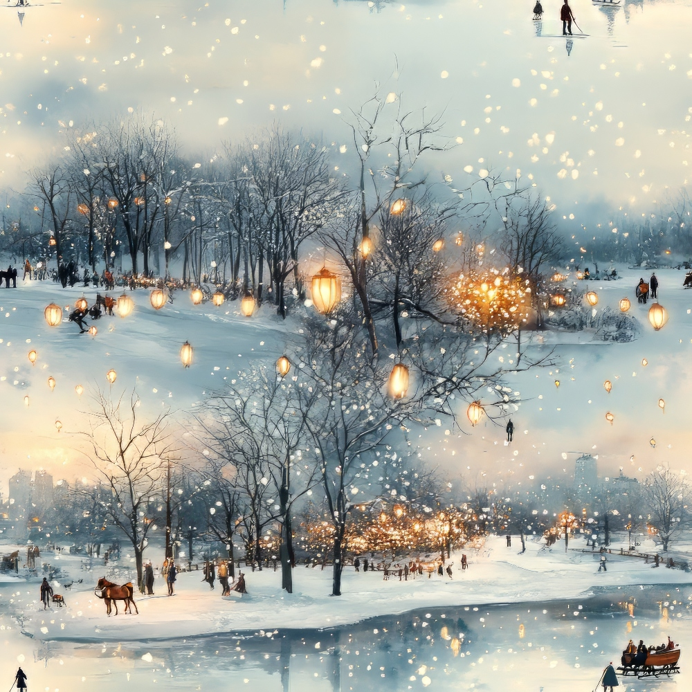 winter scene, snowy landscape, warm golden lights, lanterns, bare trees, people silhouettes, horses, sleigh, frozen pond, ice skating, snowfall, soft blue tones, cream white, amber glow, twilight atmosphere,, fabric panel, winter wonderland, peaceful mood, holiday season