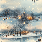 winter scene, snowy landscape, warm golden lights, lanterns, bare trees, people silhouettes, horses, sleigh, frozen pond, ice skating, snowfall, soft blue tones, cream white, amber glow, twilight atmosphere,, fabric panel, winter wonderland, peaceful mood, holiday season