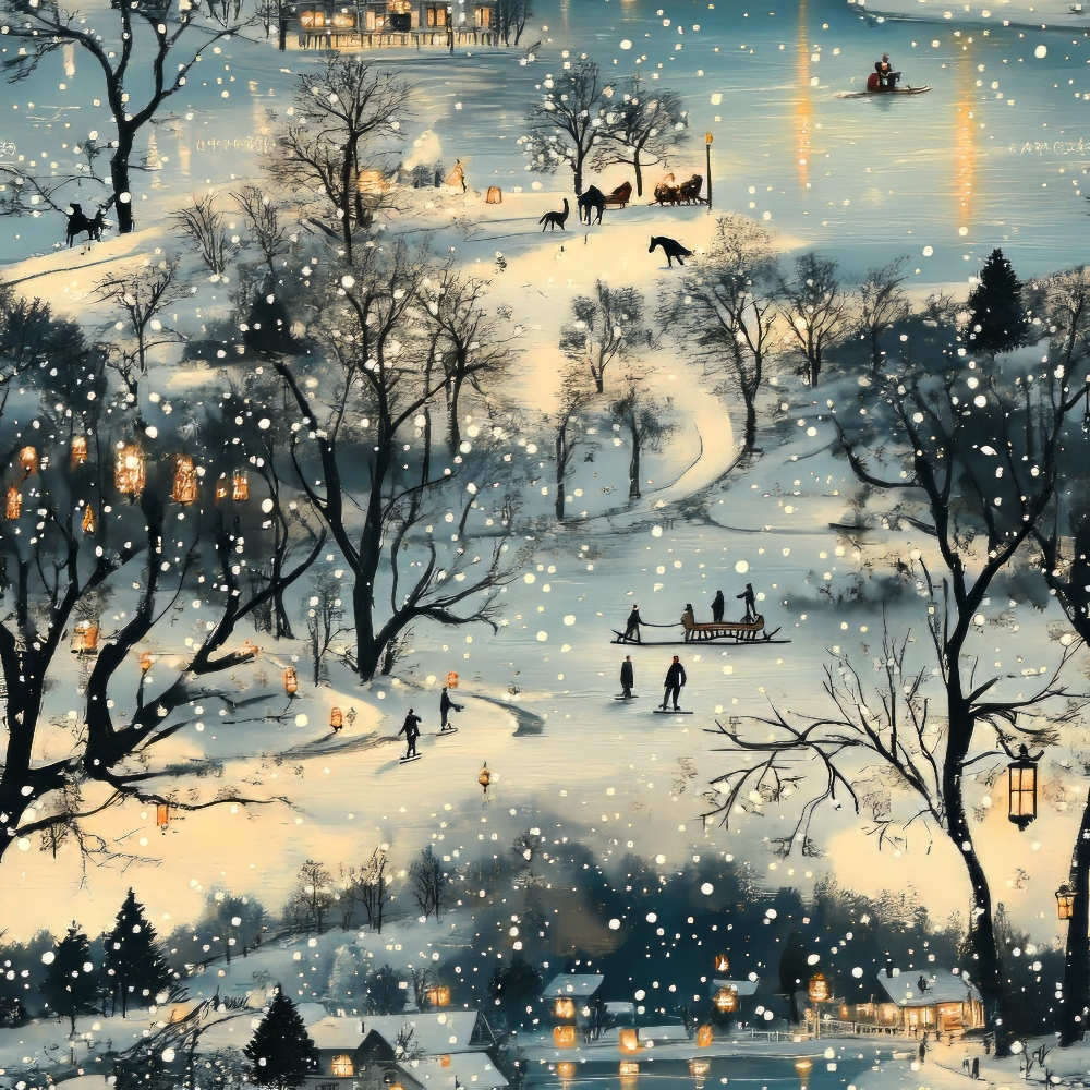 winter scene, snow falling, frozen lake, ice skating, horse-drawn sleigh, bare trees, warm lighting, cozy houses, twilight sky, blue tones, cream white, golden yellow,, fabric panel, pastoral landscape, winter wonderland, snowy evening, country setting, folk art style, seasonal design