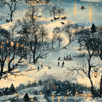 winter scene, snow falling, frozen lake, ice skating, horse-drawn sleigh, bare trees, warm lighting, cozy houses, twilight sky, blue tones, cream white, golden yellow,, fabric panel, pastoral landscape, winter wonderland, snowy evening, country setting, folk art style, seasonal design