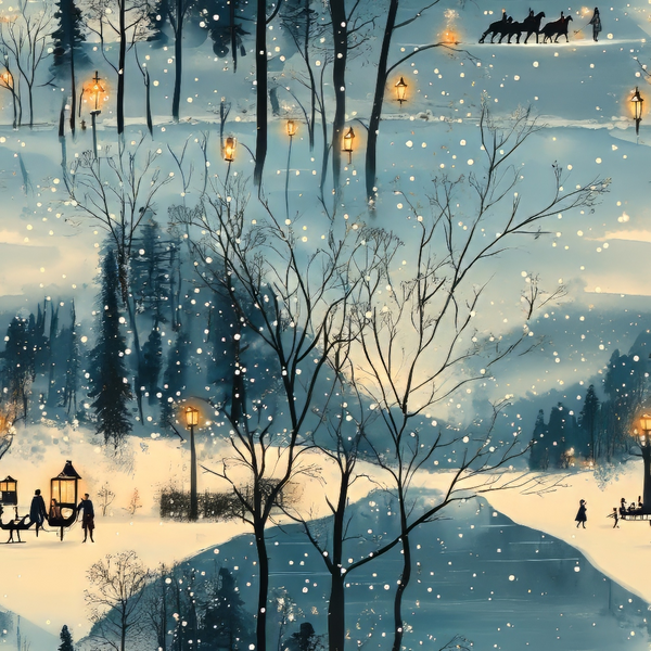 winter scene, snowy landscape, bare trees, street lamps, silhouettes, people figures, reindeer sleigh, falling snow, blue tones, cream white, golden lights, twilight sky, evergreen trees,, fabric panel, winter wonderland, peaceful atmosphere, scenic design, frosty pattern, holiday theme