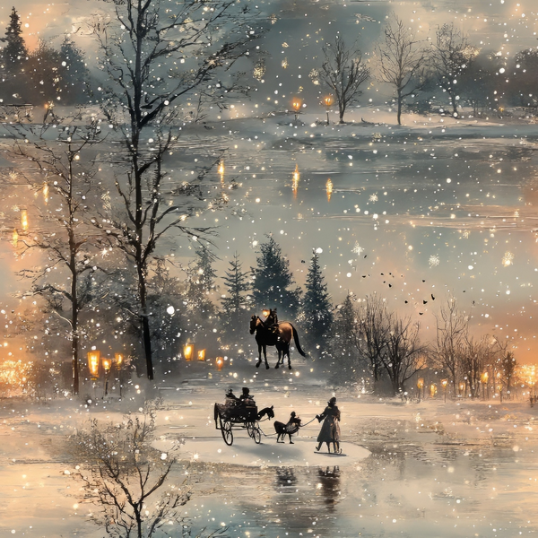winter scene, snowy landscape, horse rider, horse-drawn sleigh, frozen lake, bare trees, evergreen trees, warm golden lights, snowflakes, twilight sky, peachy orange, soft gray, winter activities, nostalgic atmosphere,, fabric panel, winter wonderland, ice skating, cozy lighting, serene mood