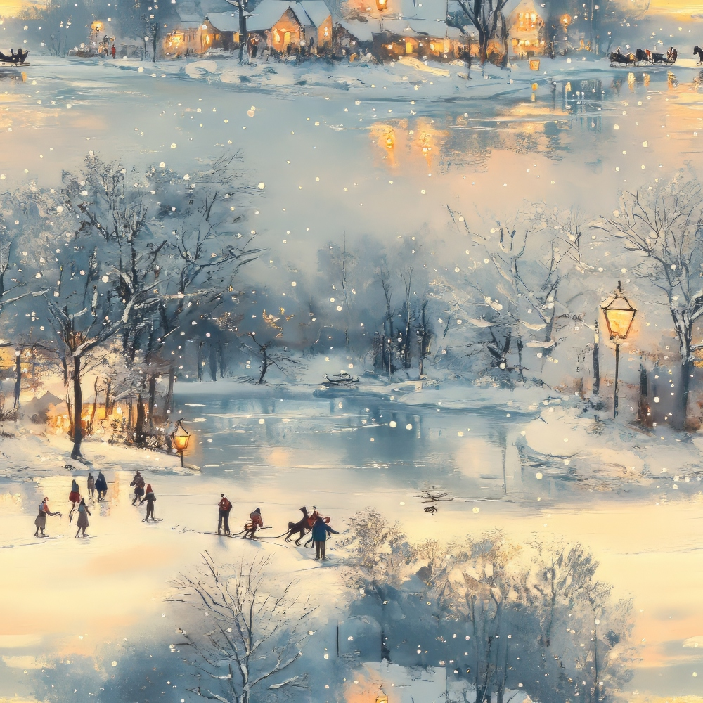 winter scene, snowy landscape, ice skating, frozen pond, warm golden lights, street lamps, cozy houses, falling snow, twilight sky, blue tones, cream colors, amber glow,, fabric panel, winter wonderland, people skating, bare trees, reflective water, evening light, frosty atmosphere